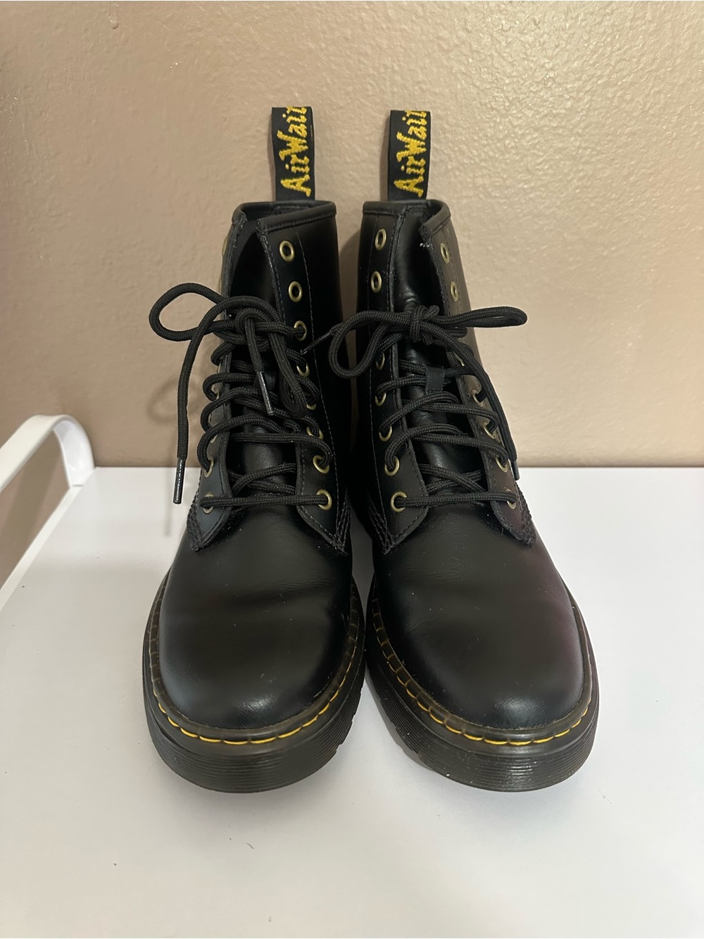 Dr. Martens Black Leather 8-Eye Lace-Up Boots with Yellow Stitching